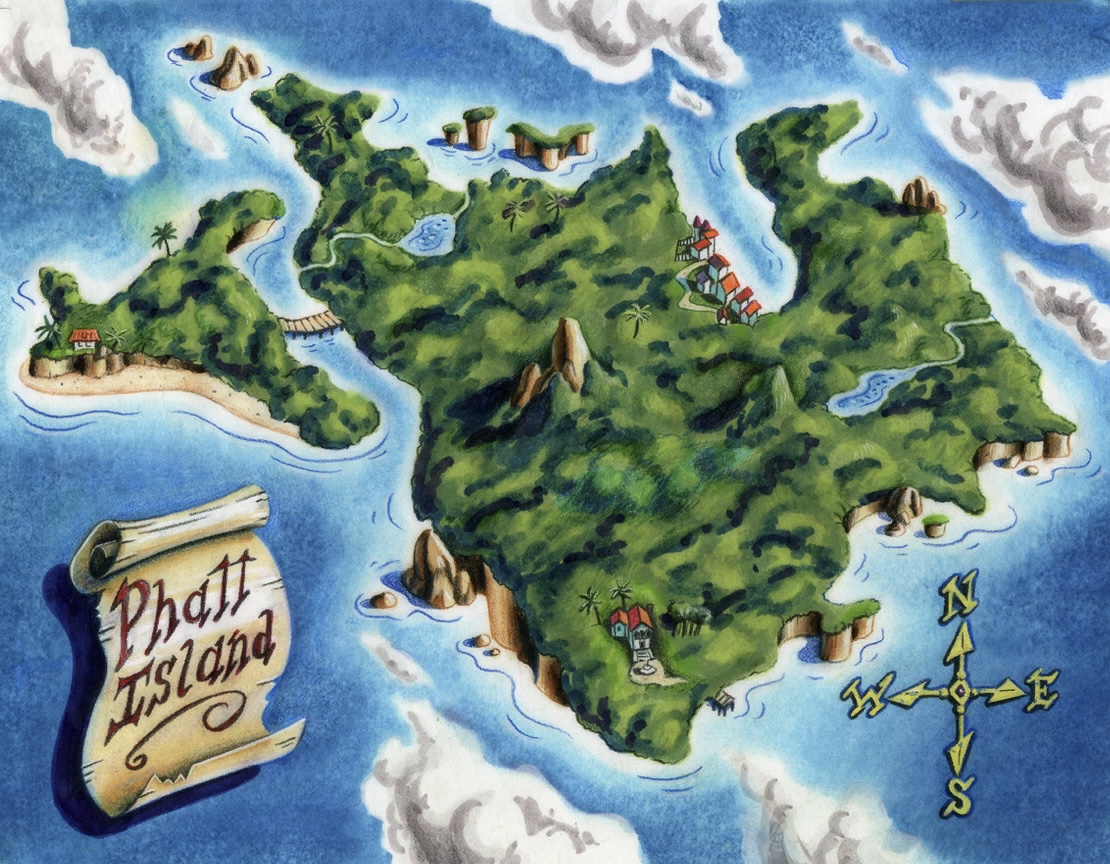 Sean Turner’s stunning background art for the Phatt Island overview map in #MonkeyIsland 2.