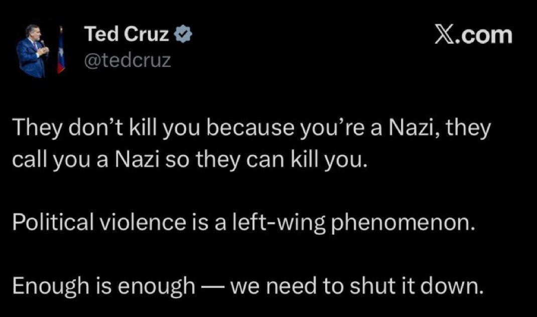 <a href="/NickJFuentes/">Nicholas J. Fuentes</a> When <a href="/tedcruz/">Ted Cruz</a> calls you a Nazi, he’s not doing it because you’re a Nazi.

He’s doing it because he wants someone to kill you.

Stay safe Nick!