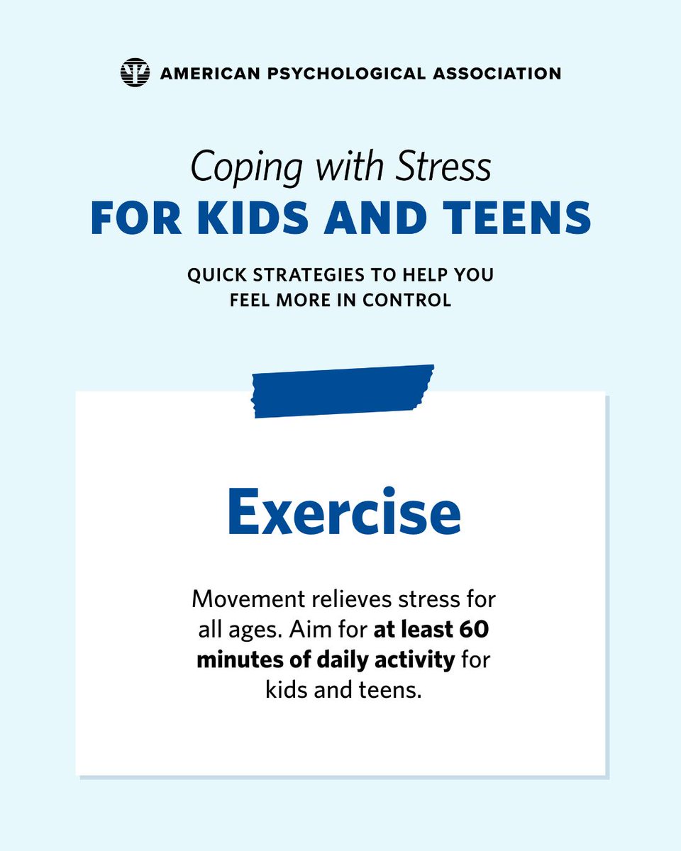 Chronic #stress can take a toll on young minds and bodies. 

Psychology research shows that simple habits—like regular physical activity—can help kids and teens manage stress and feel stronger. 

Learn more: at.apa.org/223e3c