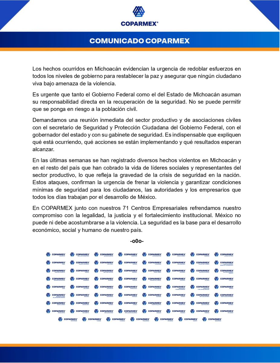 Posicionamiento COPARMEX ante los lamentables hechos ocurridos en Uruapan, Michoacan.

#COPARMEX <a href="/Coparmex/">Coparmex Nacional</a>