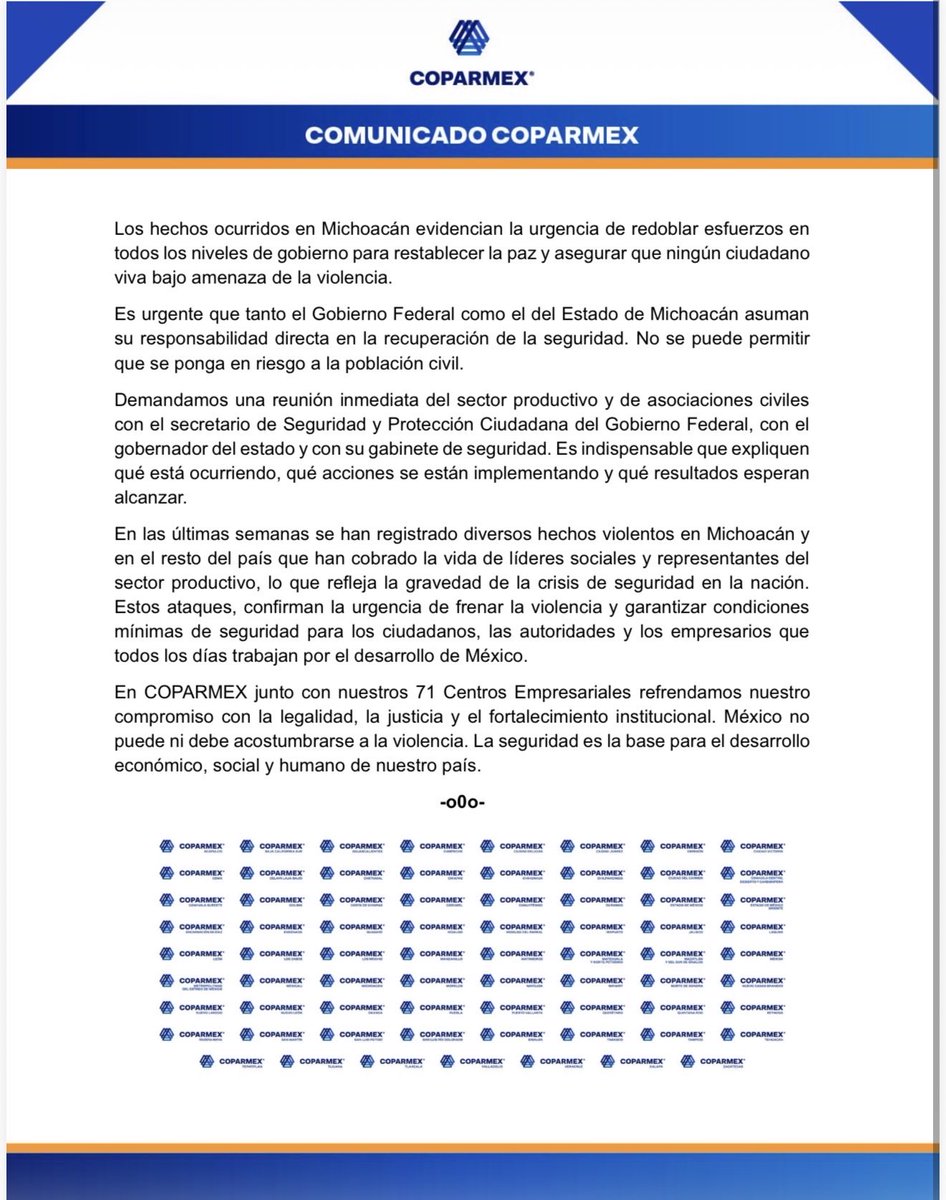 🔵 COPARMEX Y SUS 71 CENTROS EMPRESARIALES CONDENAN EL ASESINATO DEL PRESIDENTE MUNICIPAL DE URUAPAN, CARLOS ALBERTO MANZO RODRÍGUEZ, Y EXIGEN ACCIONES URGENTES PARA RESTABLECER LA SEGURIDAD EN EL PAÍS.

<a href="/Coparmex/">Coparmex Nacional</a>
