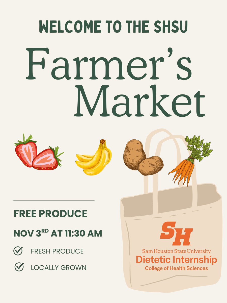 🥕🍎 Fresh, free, and fabulous! Stop by the SHSU Farmer’s Market Monday, Nov. 3 at 11:30 AM for free produce on campus. Eat healthy, support local, and enjoy the community vibe!
#SHSU #SHSU_COHS #FarmersMarket #FreshProduce #HealthyEating #StudentSuccess #WeAreCOHS