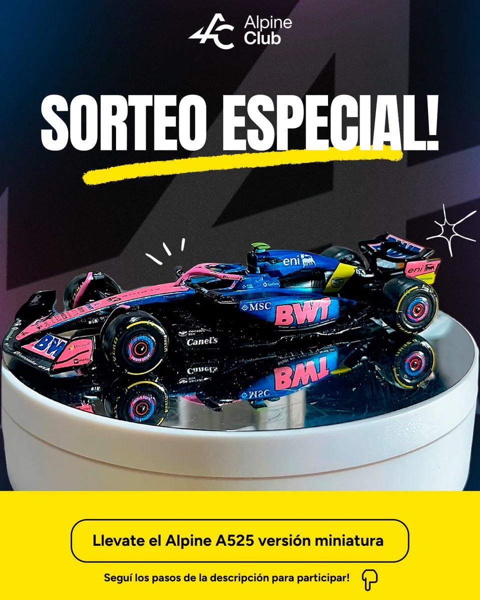 alpineclub_esp's tweet image. 🚨 SORTEO ESPECIAL DEL ALPINE CLUB 🚨
¡Te podés llevar el Alpine A525 versión miniatura con el livery de Mercado Libre! 🏎️💨

Para participar:
1️⃣ Seguí a @alpineclub_esp en Twitter, Instagram y TikTok
2️⃣ Reposteá  ♻️ y like ❤ este tweet
3️⃣ Mencioná a 3 amigos en los comentarios…