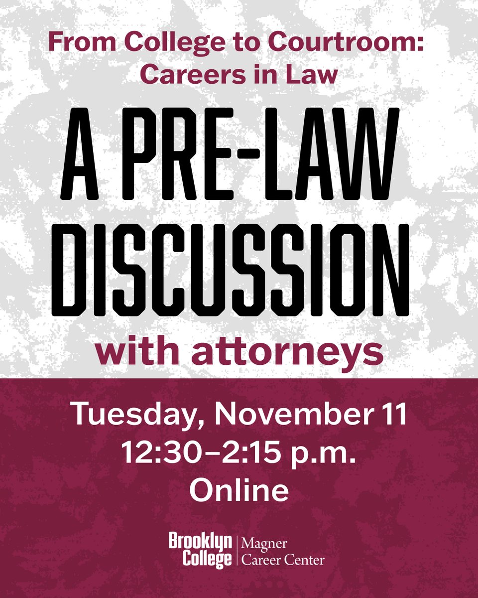 BklynCollege411's tweet image. Law school apps stressing you out? Join @magnercenter&apos;s event! They&apos;ll break down the LSAC and application process, answering your biggest questions about a career in law. #prelaw

🗓️ November 11, 12:30 p.m.
💻 Online
🎟️ RSVP brooklyncuny.joinhandshake.com/login