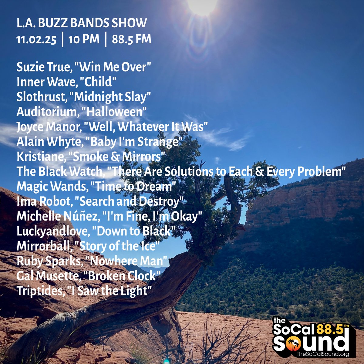 buzzbandsla's tweet image. Coming at 10PM: @BuzzBandsLA Show on 88.5 FM @TheSoCalSound, ft. Mirrorball, Slothrust, Luckyandlove, Michelle Núñez, Inner Wave, Suzie True, Alain Whyte, Ima Robot, Magic Wands, The Black Watch, Auditorium, Gal Musette and more ... Tune in!  bit.ly/47kP1Kv