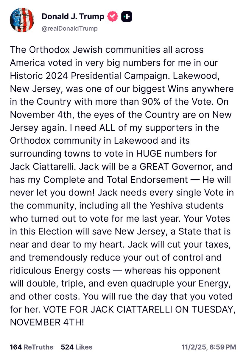 FrumTikTok's tweet image. 🚨🚨🚨President Trump thanks the Orthodox Jewish community for their massive support in 2024, and urges his supporters in Lakewood and beyond to vote for Jack Ciattarelli in HUGE numbers.

Wow!