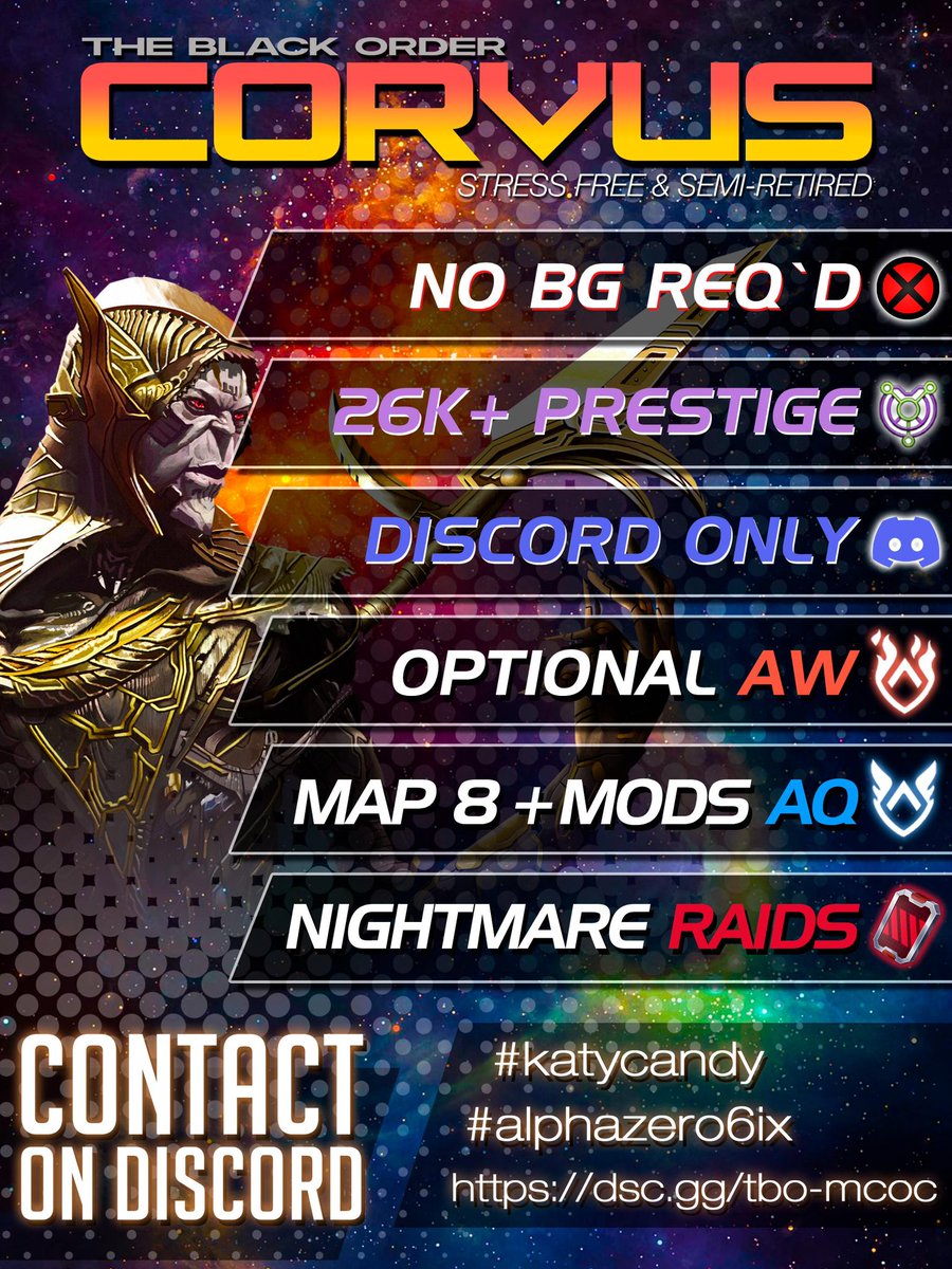 Hey <a href="/MarvelChampions/">Marvel Contest of Champions</a> fam, Corvus is looking for two active members! AQ and discord required, everything else is optional! Contact me or <a href="/AlphaZero6ix/">AlphaZero6ix</a> if interested! #mcoc #contestofchampions