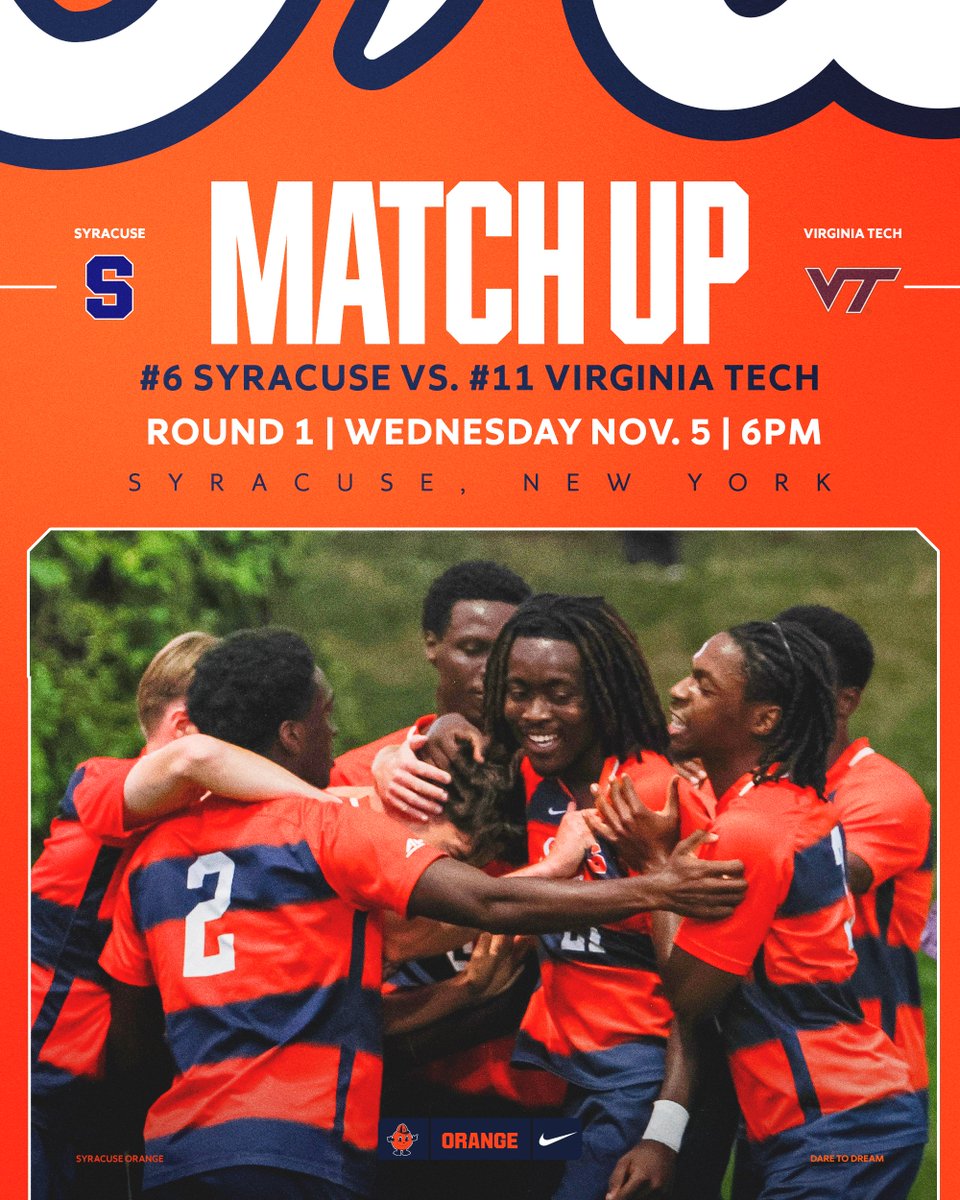 PACK SU SOCCER STADIUM!!!

The No.6 Orange will host No.11 Virginia Tech in the First Round of the ACC Championship💪

📅 Weds. Nov. 5
⏰ 6pm

🎟️Tickets🎟️am.ticketmaster.com/syracuse/buy/A…

#DareToDream