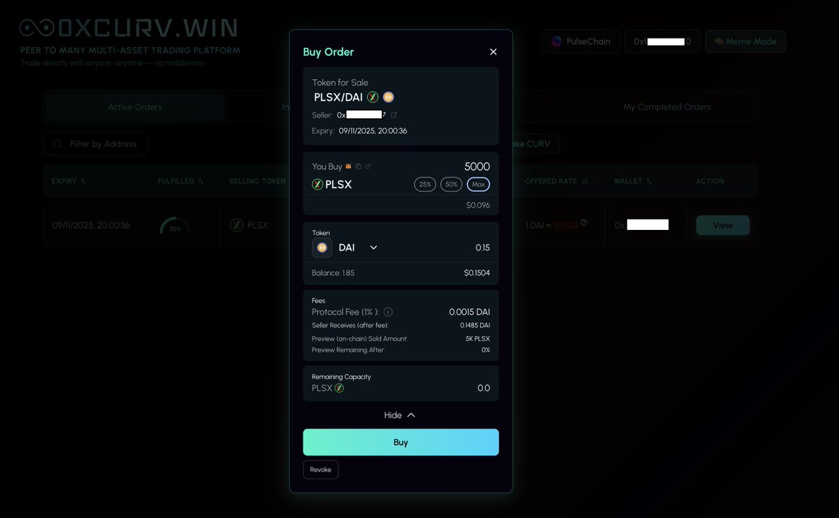 Buy order modal on <a href="/0xCurv/">0xCurv.win</a>  is looking sweet, some great info. Added a revoke button that only shows if you have approved spending to the contract. P2M(OTC) is getting closer. 
#PulseChain #CURV $PLS