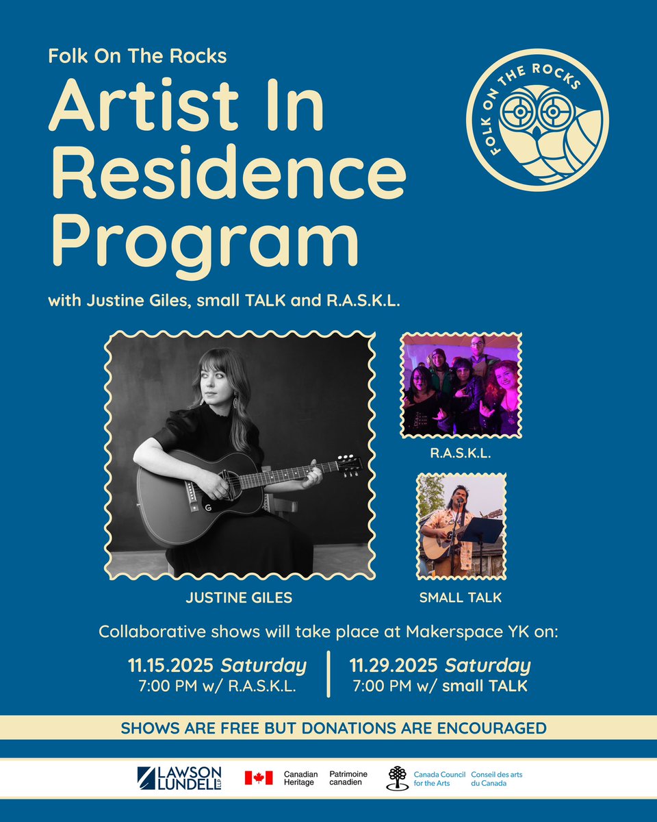 Hello Yellowknife! I’m so honoured to be the Artist in Residence &amp; mentor through <a href="/FolkontheRocks/">Folk on the Rocks</a> this November! I hope you’ll join us at our collaborative performances on Nov 15 &amp; Nov 29 at Makerspace YK P.S. stay tuned - I’ll be back for FOTR festival in July 2026 🎶