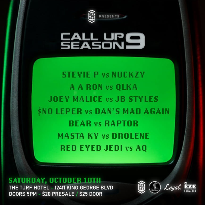 Tonight! Join us on Twitch for the event replay of Call Up Season 9. Come say hi in the chat starting at 6:30 PST! 

twitch.tv/SetTheBarEnt