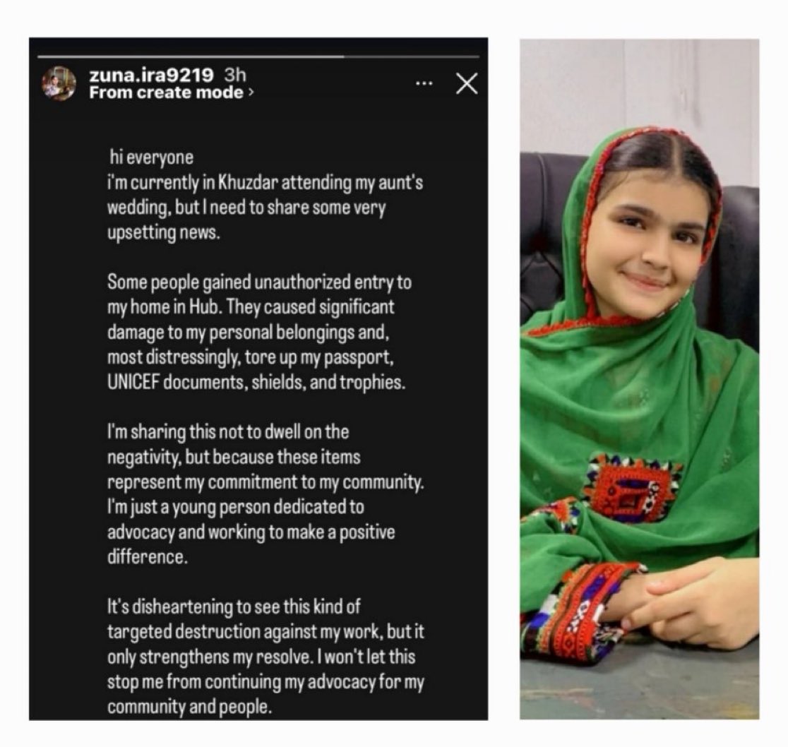zehrijournalist's tweet photo. ماحولیاتی تبدیلیوں کی حوالے سے سرگرم ایکٹیوسٹس زنیرہ بلوچ نے انسٹاگرام اسٹوری میں لکھا ہے کہ وہ اس وقت اپنی خالہ کی شادی میں شرکت کے لیے خضدار میں موجود ہیں، جب کہ حب میں واقع ان کے گھر پر نامعلوم افراد نے حملہ کرکے ان کا پاسپورٹ، یونیسف کے دستاویزات، شیلڈز اور ٹرافیاں توڑ پھوڑ دی ہیں۔ زنیرہ کا کہنا ہے کہ وہ یہ سب باتیں منفی مقاصد کے لیے نہیں بلکہ اس لیے شیئر کر رہی ہیں کہ ان کی وابستگی معاشرے کی بہتری اور خدمت سے ہے۔ زنیرہ نے کہا کہ یہ واقعہ دل توڑ دینے والا ہے کہ ان کے کام کے خلاف اس طرح منظم منصوبہ بندی کے تحت توڑ پھوڑ کی گئی، لیکن اس عمل سے ان کے حوصلے مزید مضبوط ہونگے اور وہ معاشرے اور عوام کے لیے اپنی جدوجہد سے کبھی دستبردار نہیں ہوں گی۔