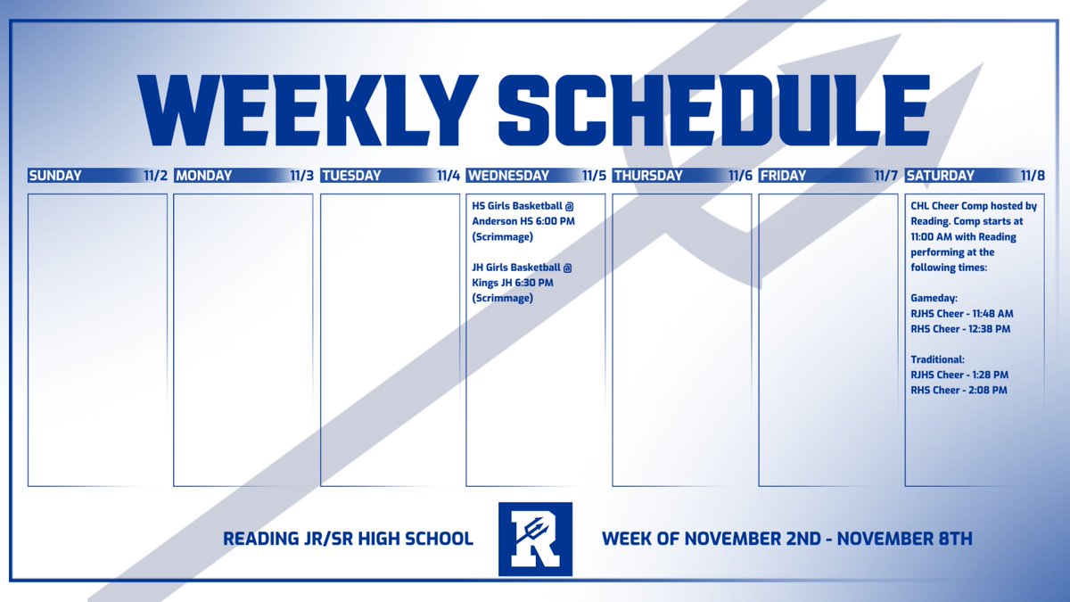 RBD winter sports are underway! 🏀 HS &amp; JH Girls Basketball scrimmages Wed, &amp; Reading hosts the CHL Cheer Comp Saturday starting at 11 AM. Come support our athletes! 💙

readingbluedevilathletics.com/news/sch25-nov…