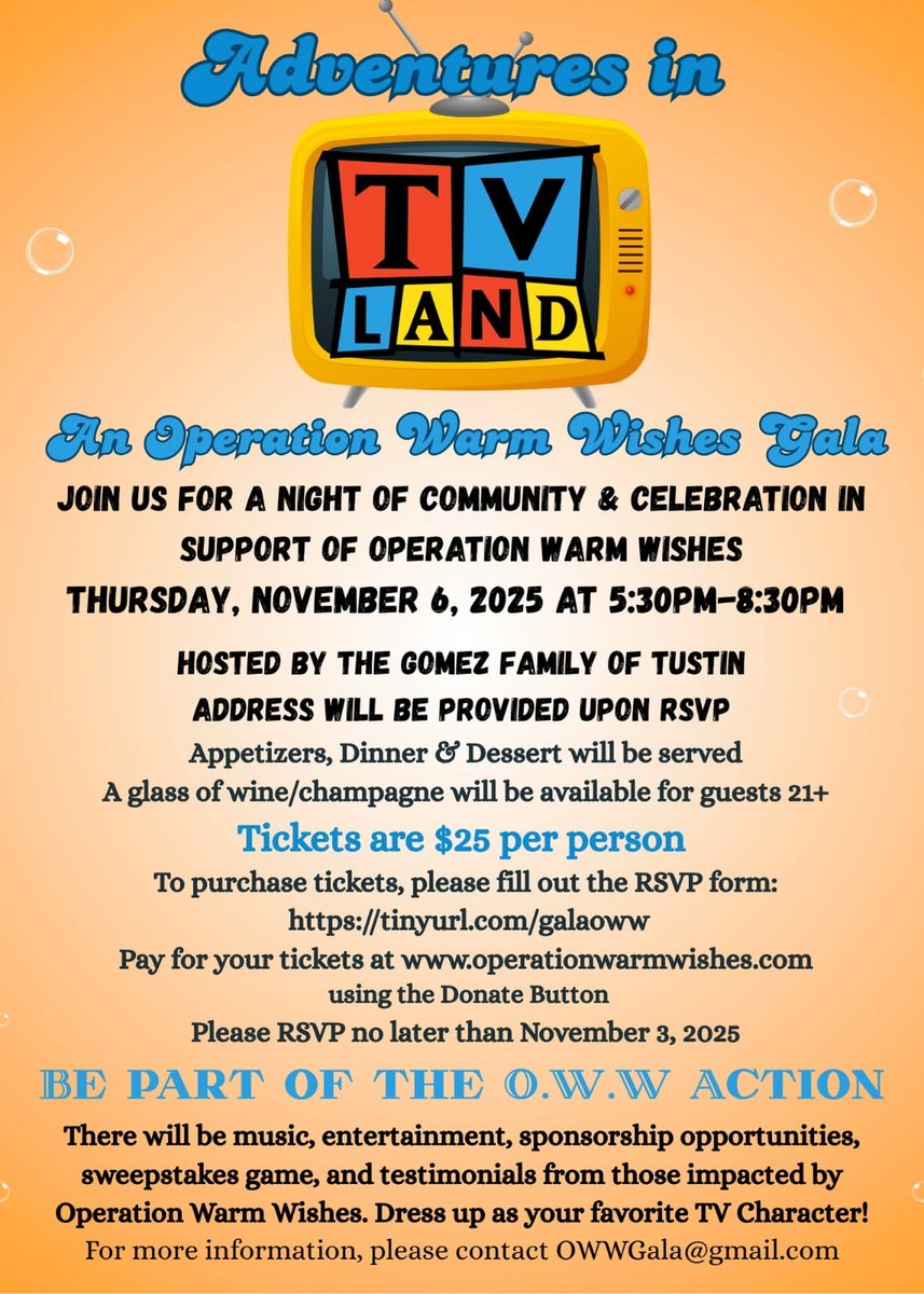 tyronjackson's tweet image. Please join us for Adventures in TV Land – An Operation Warm Wishes Gala and Fundraiser on Thursday, November 6, 2025 

A celebration of 18 years of serving and making a difference in the lives of our homeless, youth, and families. 

● Red Carpet 
● Live Music
●Inspirational…