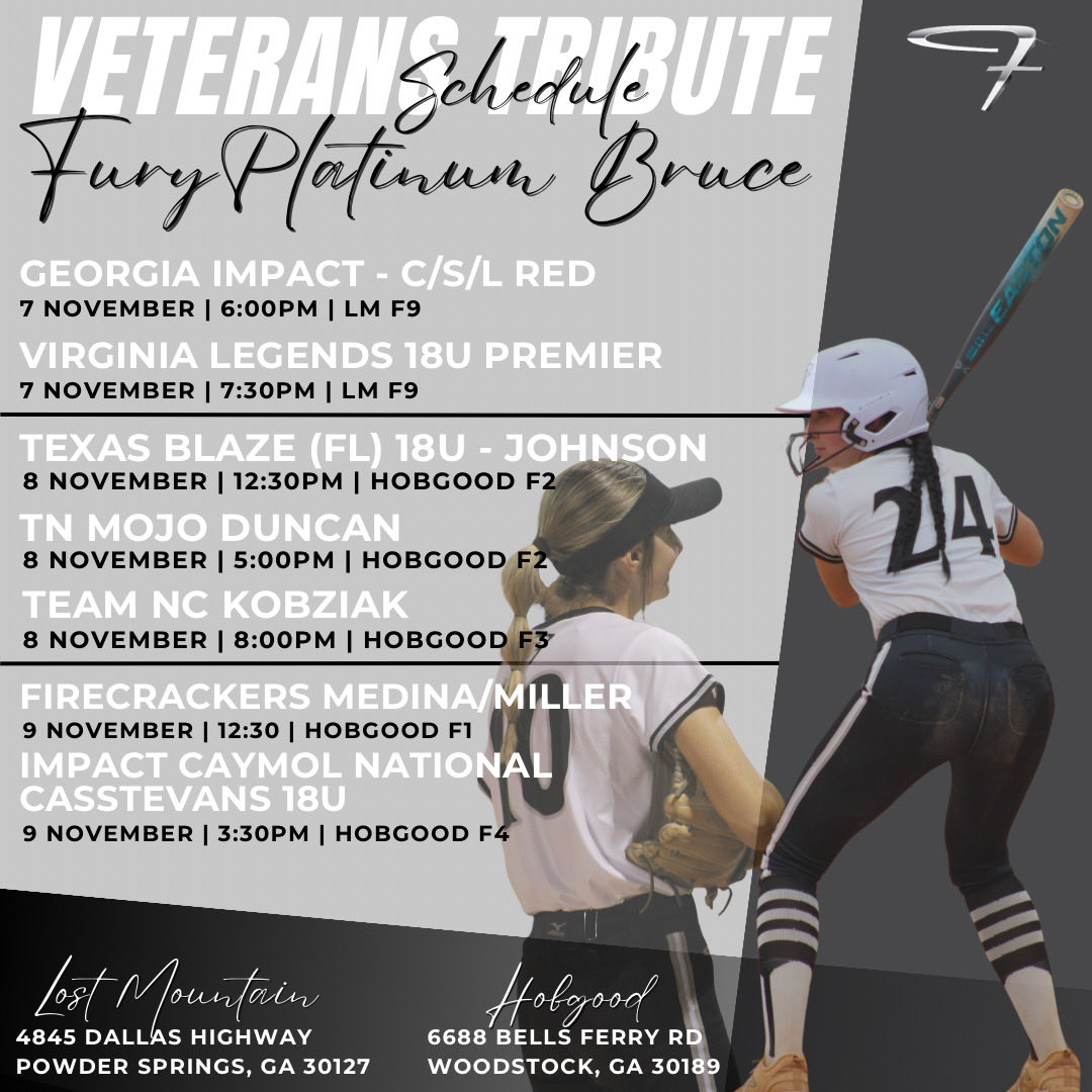 Excited for the Veterans Tribute Showcase this weekend.  It’s always one of my favorite. Let’s go !!  We have two fall showcases left. 

<a href="/furyplat_bruce/">TN Fury Platinum Bruce</a>  <a href="/SBRRetweets/">Softball Recruiting Reposts</a> <a href="/sballrecruiting/">softballrecruiting</a> <a href="/SoftballRecruit/">Softball Recruit 🥎</a> <a href="/scan1ansports/">ꜱᴄᴀɴʟᴀɴ ꜱᴘᴏʀᴛꜱ™️</a> <a href="/gatorjack72/">Girls In The Game</a> <a href="/CoastRecruits/">Coast 2 Coast Recruits</a> <a href="/FuryPlatinum/">FuryPlatinumSoftballClub</a> <a href="/NAIASB_/">NAIA SB</a> <a href="/NCAADII/">NCAA Division II</a>