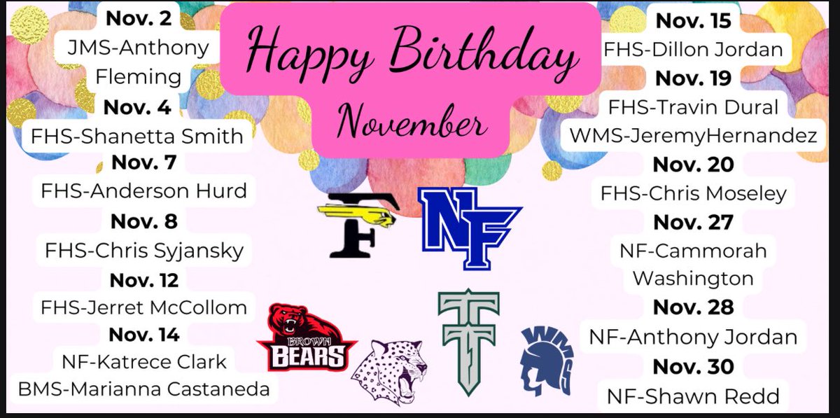 ForneyAthletics's tweet photo. 🎉 Happy Birthday to all our coaches celebrating in November! 🥳Thanks for all you do! #NovemberBirthdays https://t.co/Kr6l0zRBB5