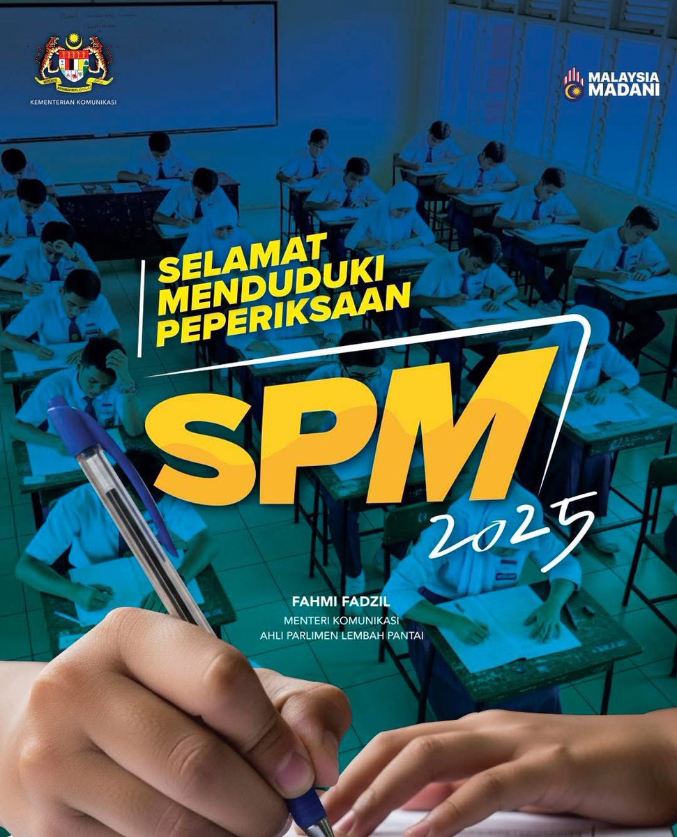 Selamat menduduki peperiksaan SPM kepada semua calon di seluruh negara.
Semoga dipermudahkan segala urusan dan memperoleh kejayaan yang cemerlang.