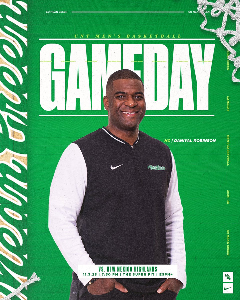 It's finally GAMEDAY!! 🟢🦅

🆚 New Mexico Highlands
⏰ 7:30 PM
📍 The Super Pit
📺 ESPN+
📻 <a href="/MGSNetwork/">Mean Green Sports Network</a> 
🎟️ northtex.as/MBBTickets