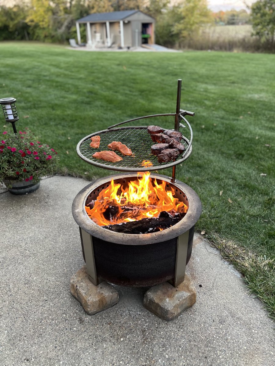 Steak and salmon on open flame.  Fall in Indiana is hard to beat.