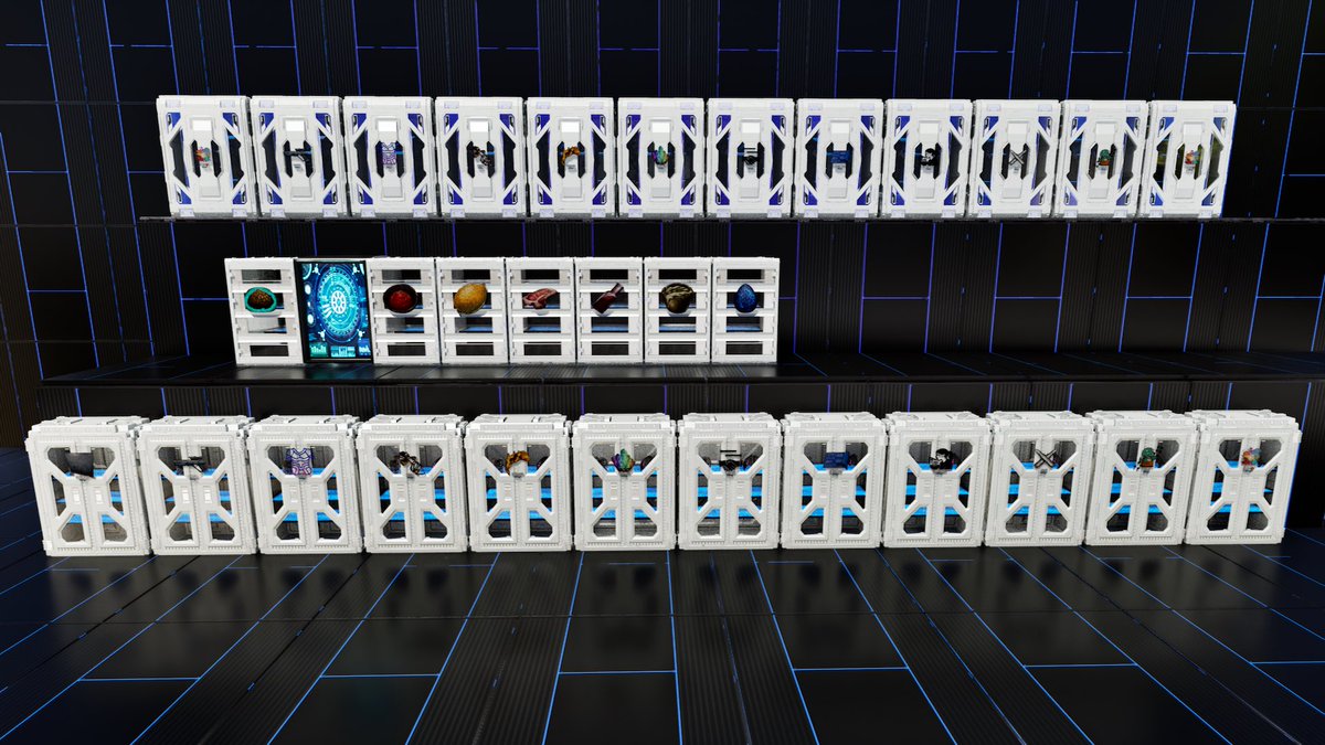 knufflesandman's tweet photo. 🌀 Snapped out of my creative fog thanks to my kiddo’s vision. Astral patch incoming: glossy black structure set.  

+ Storage skins w/ resource IDs  
+ Dedicated storages, reimagined  

Thoughts? 👀  @survivetheark #playARK #ASA #ARKSurvivalAscended https://t.co/iC8xFsbbVZ
