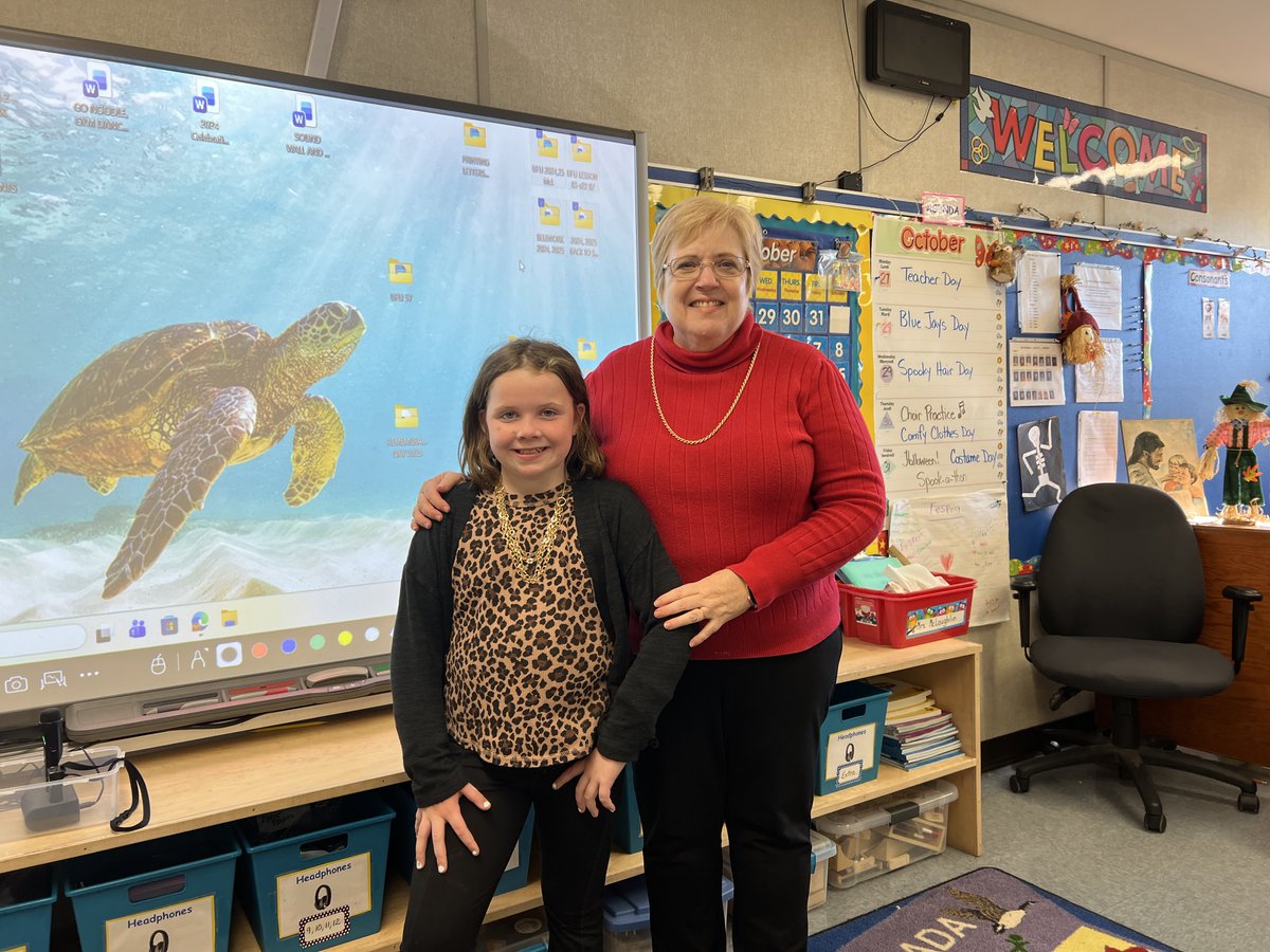 mclaughl10's tweet photo. A future teacher in the making!  This lovely Grade 2 student dressed up as her Teacher for Teacher Day during Spirit Week!  😀Love the gold chain! #ALCDSB #teacherstudent https://t.co/0nwXSlchpq