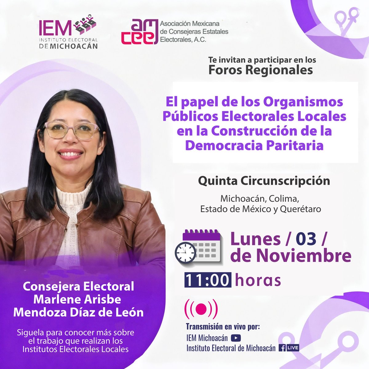 ¡Sigue la transmisión de los Foros Regionales! 💻📝

Con la participación de la Consejera, Marlene Arisbe Mendoza Díaz de León, para conocer más al respecto de los trabajos que realizan los Institutos Locales Electorales. 🙋🏻‍♀️✅ 

🗓️ Lunes 03 de noviembre. 
⏰ 11:00 horas.