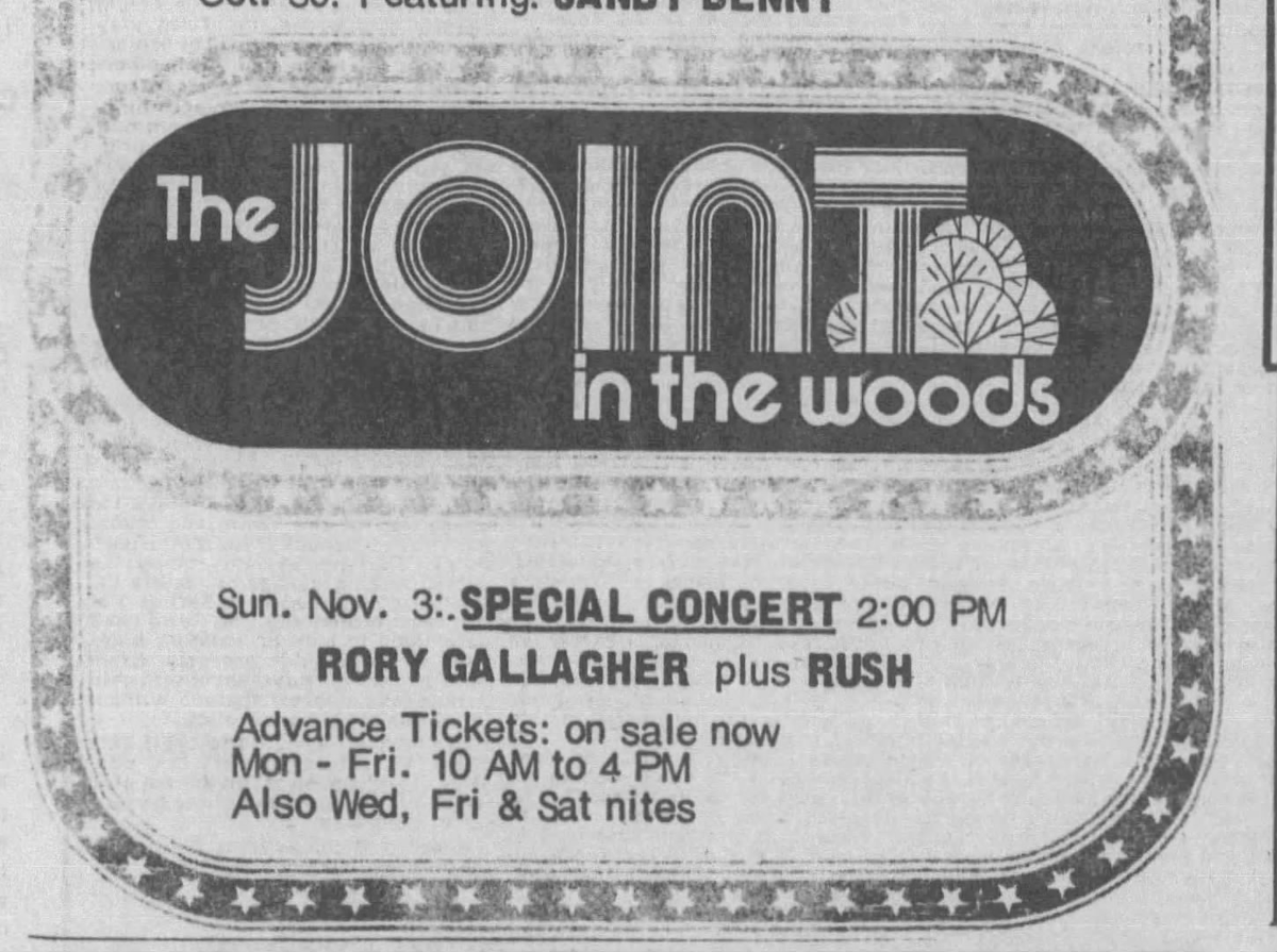 November 3, 1974 - #Rush plays the Joint In The Woods in Parsippany, NJ opening for Rory Gallagher (scans via <a href="/cygnusx1net/">Cygnus-X1.Net</a>)