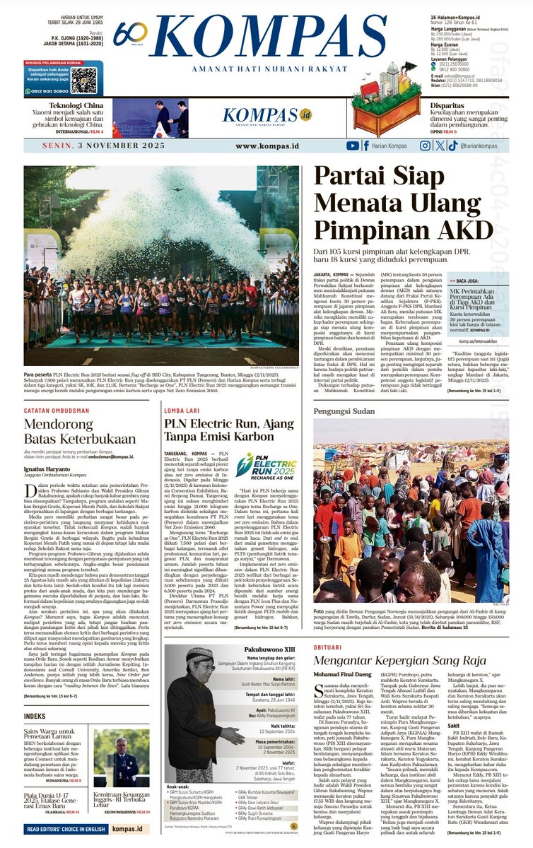 hariankompas's tweet photo. Selamat pagi, Sahabat Kompas! Koran Komoas edisi Senin, 3 November 2025 menyuguhkan foto utama dari gelaran PLN Electric Run 2025. #PLNElectricRun menggaungkan semangat transisi menuju energi bersih melalui pengurangan emisi karbon serta upaya Net Zero Emission 2060.
Baca epaper di sini: https://t.co/RFjEOLxOmb
#AdadiKompas