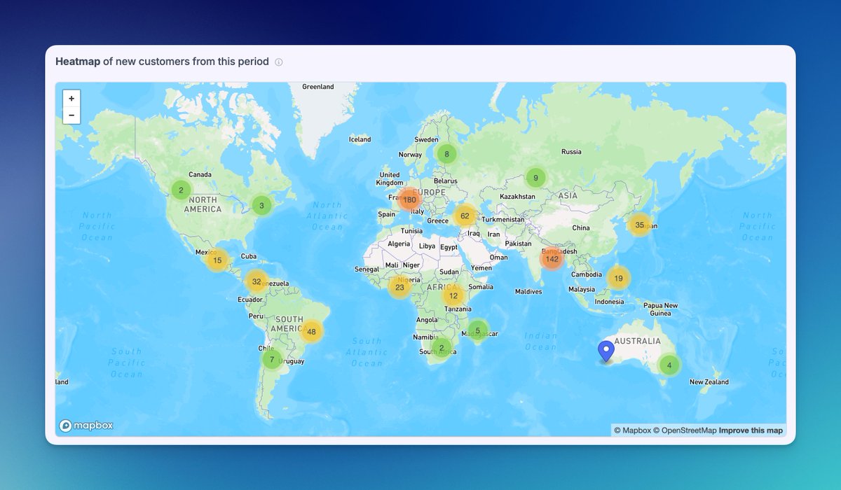 metorikhq's tweet image. It’s an old feature — but a gold one. ✨The Customer  Heatmap 🗺️ see every one of your new customers across the world in one view. 
Made for #woocommerce and #Shopify stores.
👉 Try it for free with your store at metorik.com
#ecommerce #DataViz