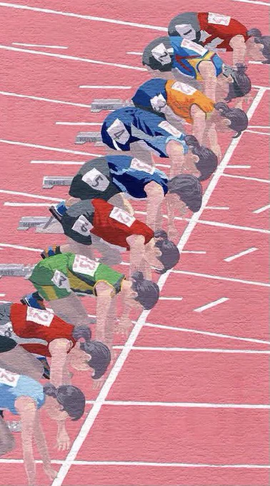 以前描いたスポーツの絵です。 グラウンドの白線はスッとしていて好きです。 体育館のコートの白線も好きです。 自宅が広かったら、リビングに線を引きたいです。うそです。 あの白線、5cmと7.6cm幅らしいです。 自宅の床に引くとなると、5cmの方かな。 引かないです。