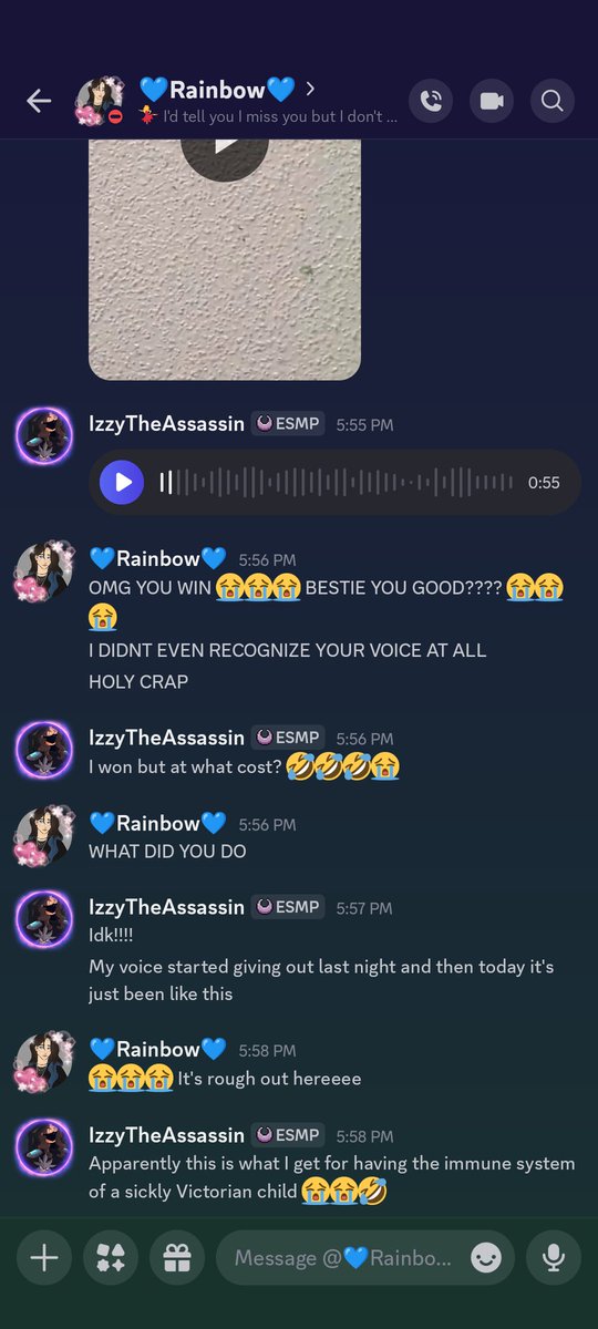 An average conversation between myself and <a href="/RealRainbowz/">💜Rainbowz💜</a> pt 3. (For context, we're both sick and compared our voices as a funny bet 😭🤣)
