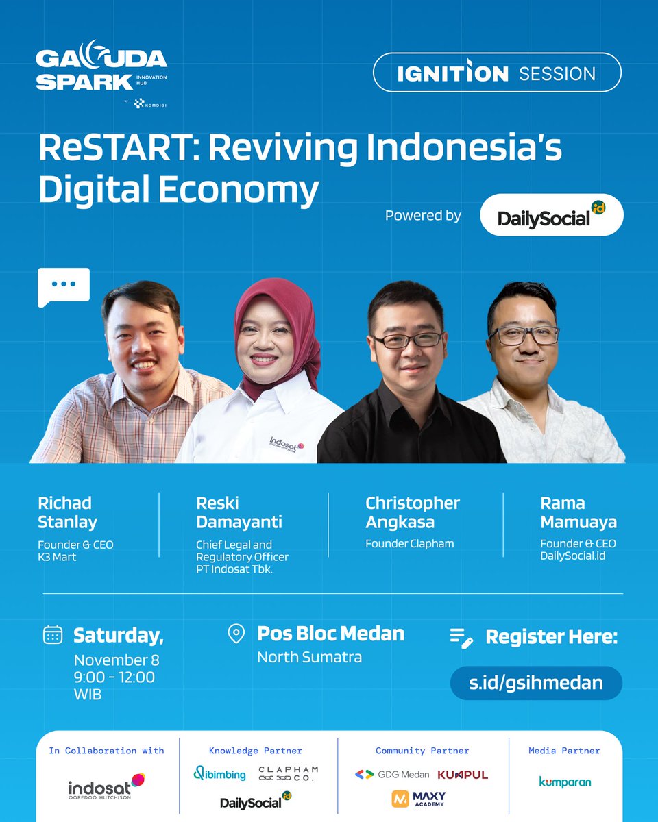 dailysocial's tweet image. Bandung was the spark. 🔥
Now the wave moves north 🌊

Join us in Medan (Nov 8) for the next #ReSTART — where we talk about rebuilding Indonesia’s digital economy with trust, impact, and fundamentals.

📍 Pos Bloc Medan
🎟️ s.id/gsihmedan

#Startups #Indonesia