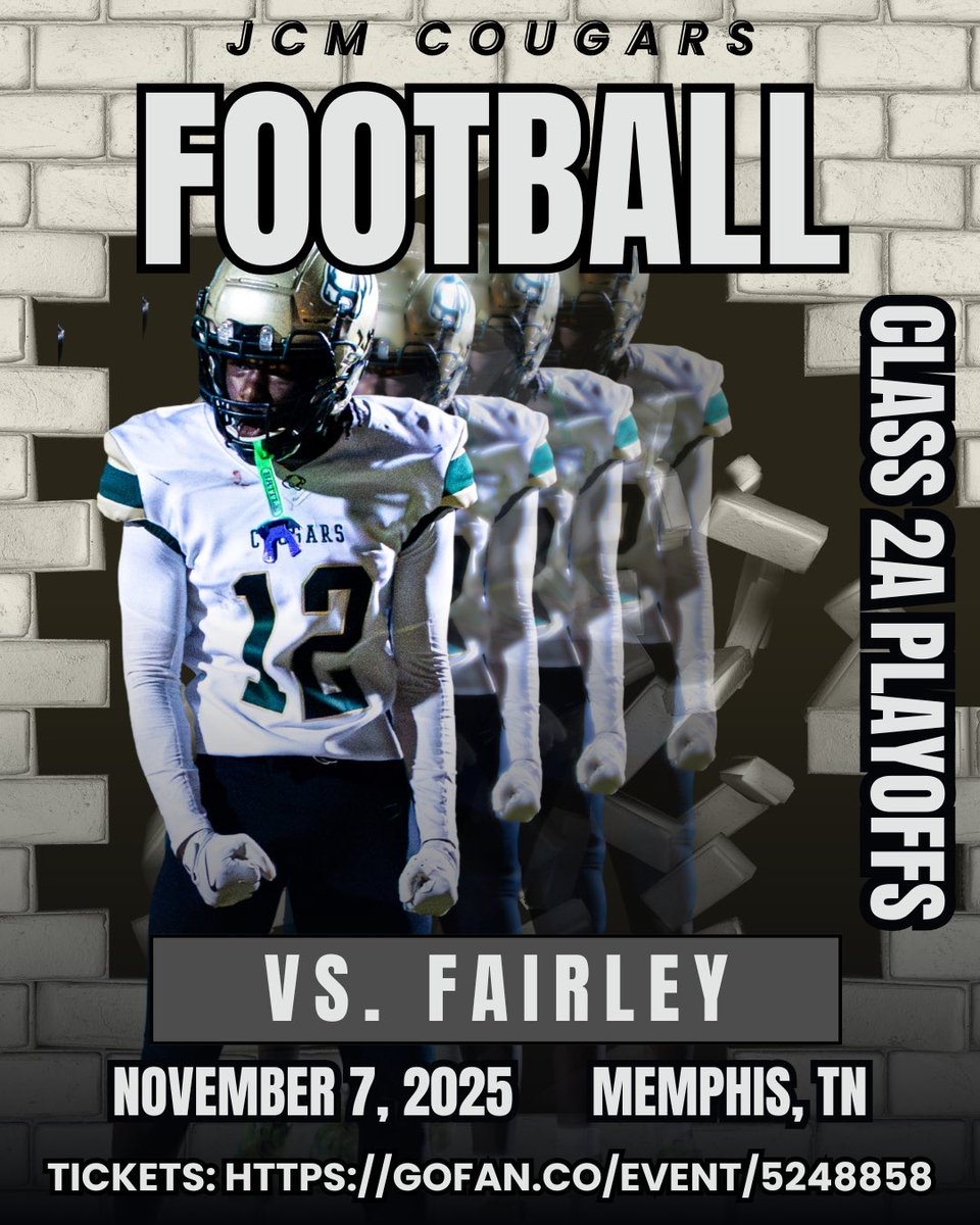How about those COUGARS?!?! Regular season is over but Cougar Football continues in the 2A Playoffs as we travel to Memphis to play Fairley High School! Get your tickets here: gofan.co/event/5248858 <a href="/RamonicaD/">Ramonica S. Dorsey</a> <a href="/ap_baker1/">Broderick L. Baker, Ed.S.</a> <a href="/JMCSchools/">Jackson-Madison County Schools</a> <a href="/JCM_ECH/">JCMEarlyCollegeHigh</a>