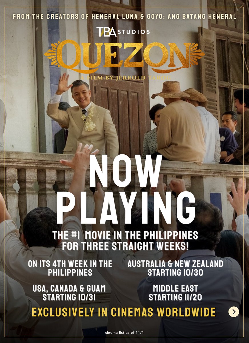 TBAStudiosPH's tweet photo. QUEZON is THREE WEEKS at #1 in the Philippines!
Now playing in 300 cinemas globally! Grab your tickets today: Philippines, New Zealand, Australia, USA, Canada, Guam and Middle East (starting November 20). π₯°πΏπ₯
#TBAStudios #JerichoRosales #Worldwide https://t.co/mvEODHuwEt