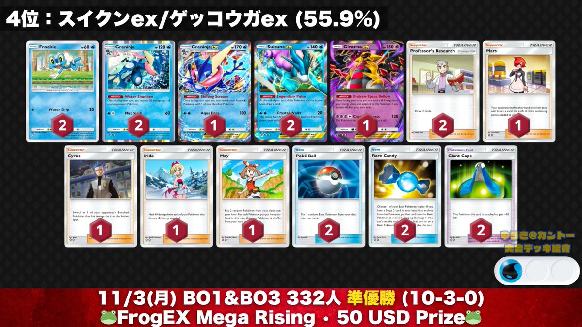 🏆 #ポケポケ 勝率 3位〜6位 3位：レントラー/オドリドリ (56.3%) 4位
