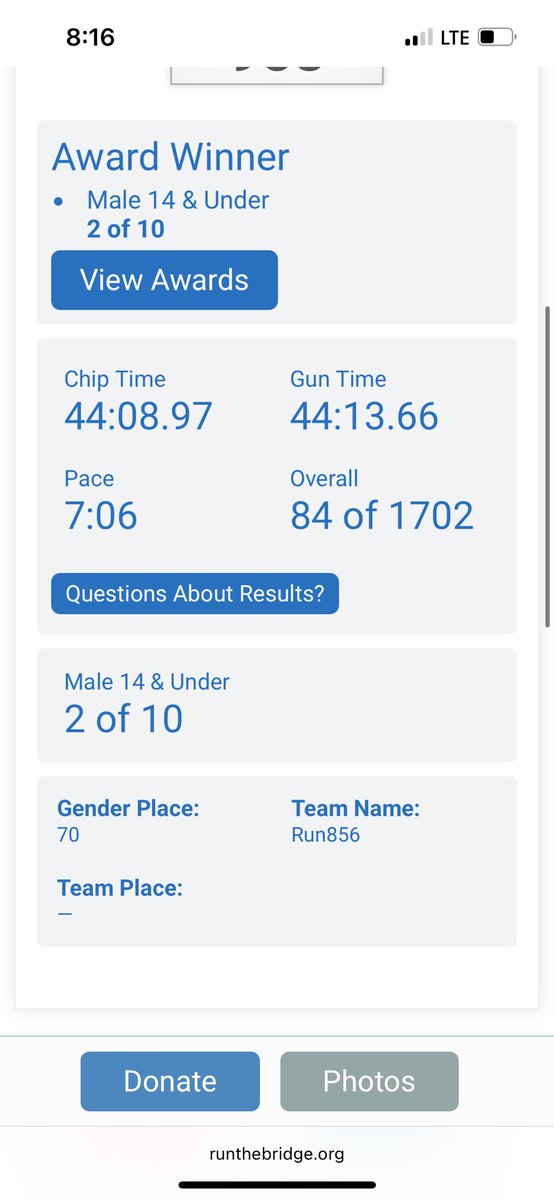 Not a bad 10k race day!

Jeffreys first 10k and he ran back to back 5k PRs running 44:08 (his 5k PR is 22:19) and took 2nd in his age group and 84th out of 1,702.

I probably went out too slow, but ran negative splits the whole way and finished strong.  

First 10k in many years