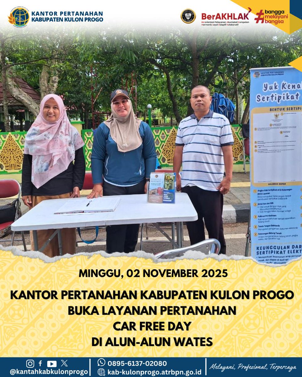 atr_bpnkprogo's tweet image. Minggu, 02 November 2025 

Hai #sobatatrbpnkulonprogo 

Terima kasih untuk Sobat yang sudah datang di stand Car Free Day (CFD) Kantor Pertanahan Kabupaten Kulon Progo.

 Kedatangan Sobat memberi semangat bagi kami untuk terus meningkatkan pelayanan pada masyarakat.

#CFD2025