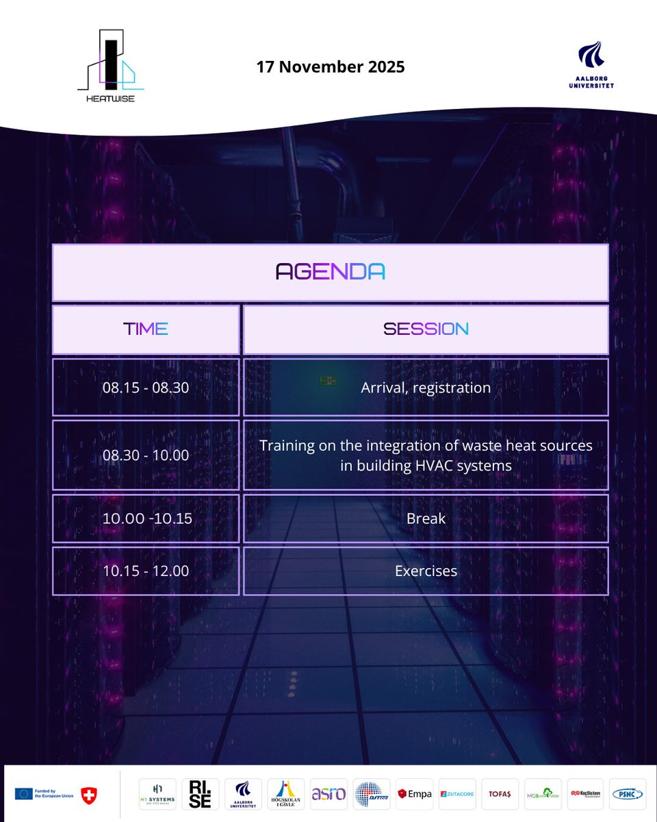 The HEATWISE Pilot Training agenda is out now!

📅 Date: 17 November 2025
🕗 Time: 08:15 - 12:00 CET
📍 Venue: Aalborg University Campusc and Online

🔗 Register today! lnkd.in/dJxu8xPy

#HEATWISEProject #EnergyEfficiency #LiquidCooling #SmartBuildings #HorizonEurope #AAU
