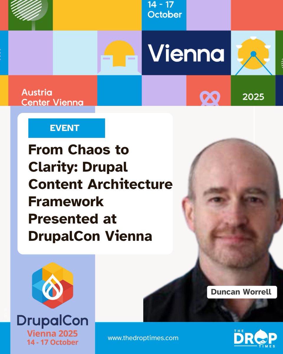 thedroptimes's tweet image. &quot;From Chaos to Clarity&quot; at #DrupalCon Vienna:
Duncan Worrell shows how early content architecture planning aligns UX, design &amp;amp; dev teams.
Fewer delays, better builds.
🔗 bit.ly/4qzdDql 

#Drupal #ContentArchitecture #UX #DrupalCon2025