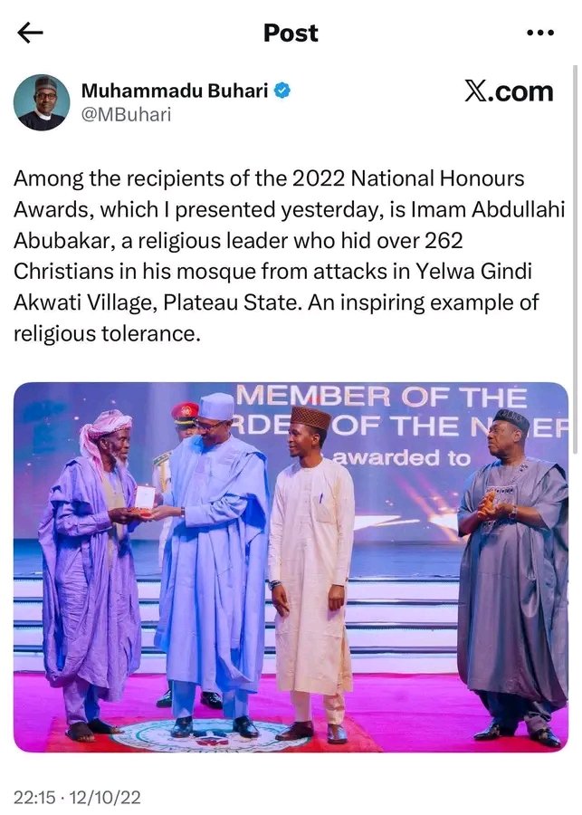 github_xyz's tweet image. Dear Donald J. Trump, according to our rulers, they said there is no Christian genoc!de in Nigeria please ask them If there is no Christian genoc!de how come in 2022  this Imam Abdualla Abubakar was given a National honor for saving the lives of 262  Christians