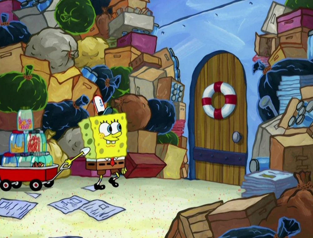 ArtofSpongebob's tweet image. To make my point one final time, here's some similarly trash filled backgrounds from season 8's "Sentimental Sponge" compared to the new episode.