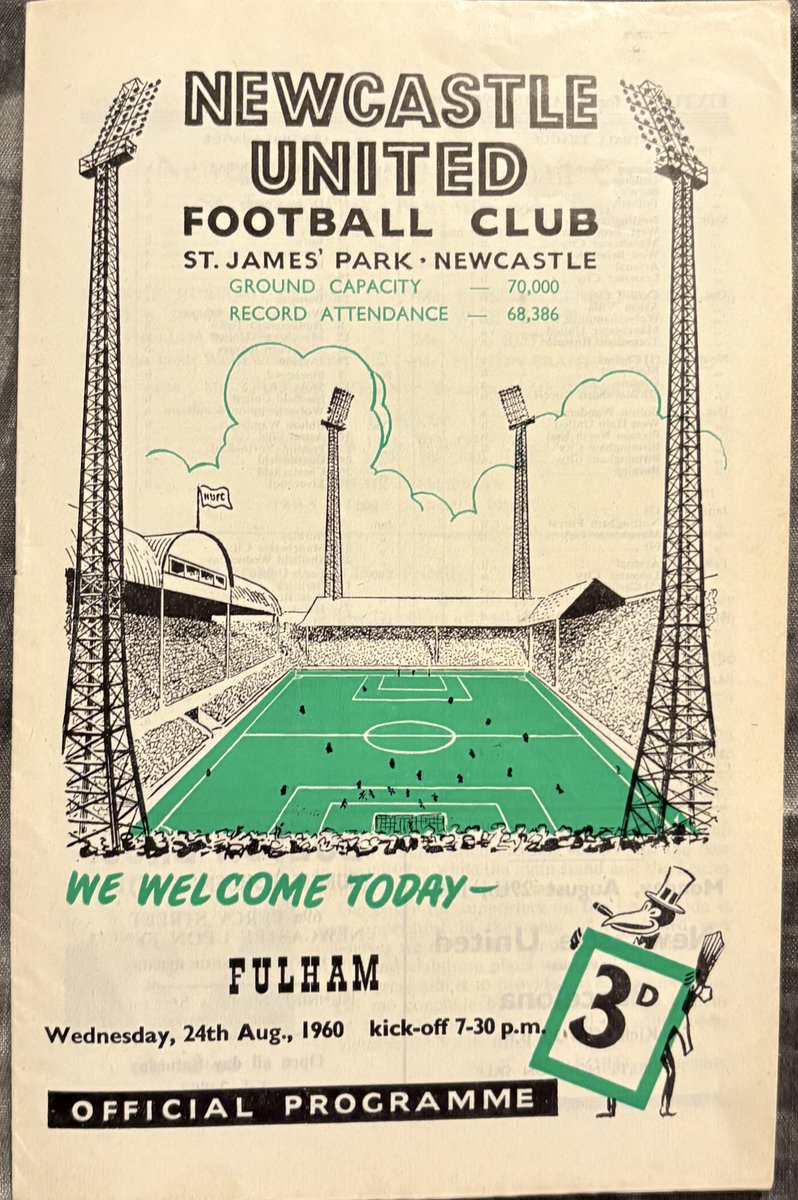 NUFCProgrammes's tweet image. Programme of the Day Number 840
Newcastle United v Fulham 
1960/1
First home game of the new season would see United win 7-2 with goals coming from Neale Tuohy Gilfillan getting 2 a piece and Len White 
Att 23498
