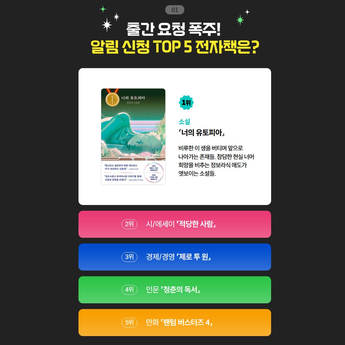 또다시 줄서는 eBook! 🌟
교보문고 독자들이 손꼽아 기다린 전자책은 무엇일까요? 

📚 알림 신청 TOP5 전자책/인기 분야 알아보기!
🔔 교보eBook APP push 수신 동의하면 e캐시 드려요!
📕 기대 신간의 출간 알림까지 신청하면 e캐시 1만원까지!

▶ 바로가기: buly.kr/GE8y3ao

#교보eBook