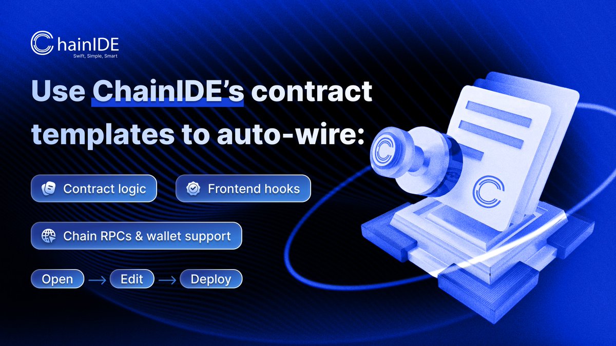 ChainIDE's tweet image. 💡 Code Tip of the Week

Don’t waste time on repetitive boilerplate.
Use ChainIDE’s contract templates to auto-wire:
 🧩 Contract logic
 🖼️ Frontend hooks
 🔗 Chain RPCs &amp;amp; wallet support

Just open → edit → deploy.
 #ChainIDE #CodeTips #Web3Dev