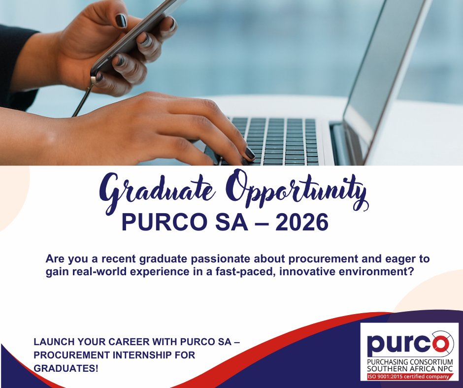 PURCOSA's tweet image. Reminder! The PURCO SA 2026 Graduate Internship Programme applications close on 08 December 2025! 

Don’t miss out! Apply now using this link: purcosa.co.za/2026-graduate-… 

#GraduateProgramme #internshipopportunity #PURCOSANews