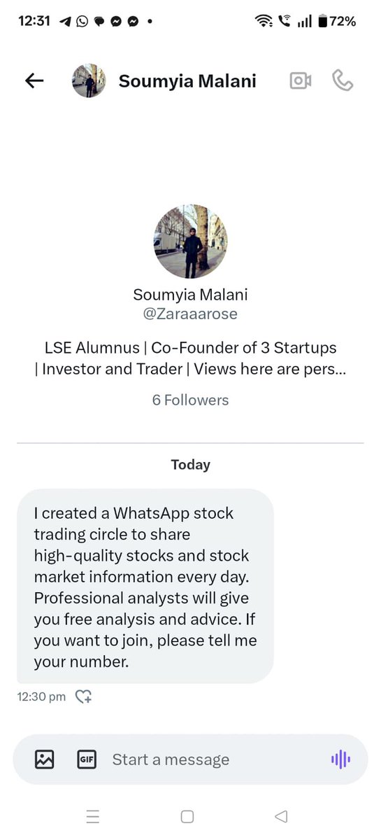 🚨 Impersonation Alert 

Someone is pretending to be me under the handle <a href="/Zaraaarose/">Soumyia Malani</a>, claiming to run a WhatsApp stock trading group and asking for phone numbers.

This is not me — please don’t share any personal info or join such groups.
My only official handle is <a href="/insharebazaar/">Soumya Malani</a>