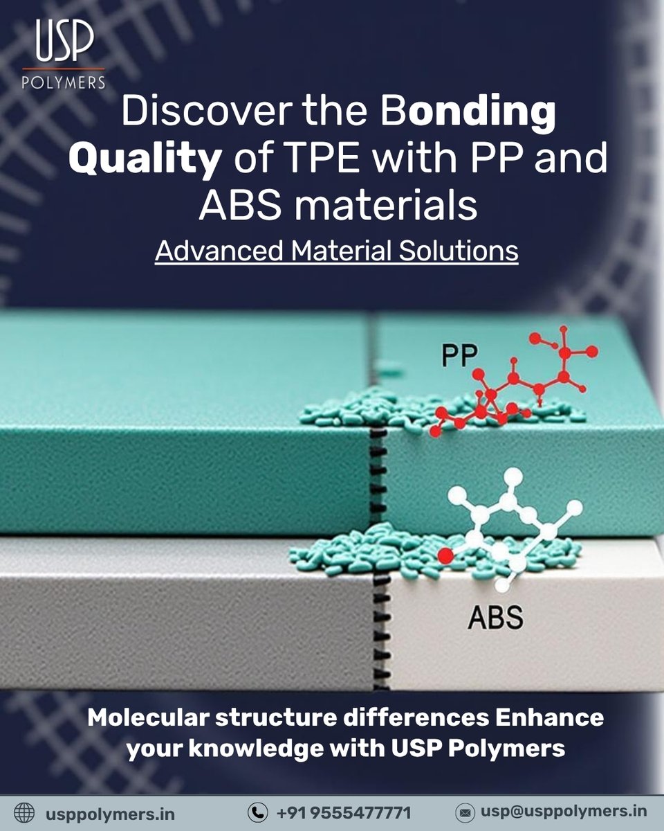 usp_llp's tweet image. The bonding quality of TPE with PP and ABS depends on molecular polarity and interface compatibility. Explore advanced TPE adhesion solutions with USP Polymers at usppolymers.in
#USPPolymers #TPEBonding #PolymerEngineering #Overmolding