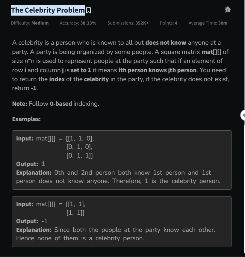 Kaushal__marcus's tweet image. #Day13 of DSA
Problem: The Celebrity Problem
I know this is brute force method, trying to solve in O(n).

#100DaysOfChallenge #DSA #CPlusPlus #Coding #100daysofcodingchallenge