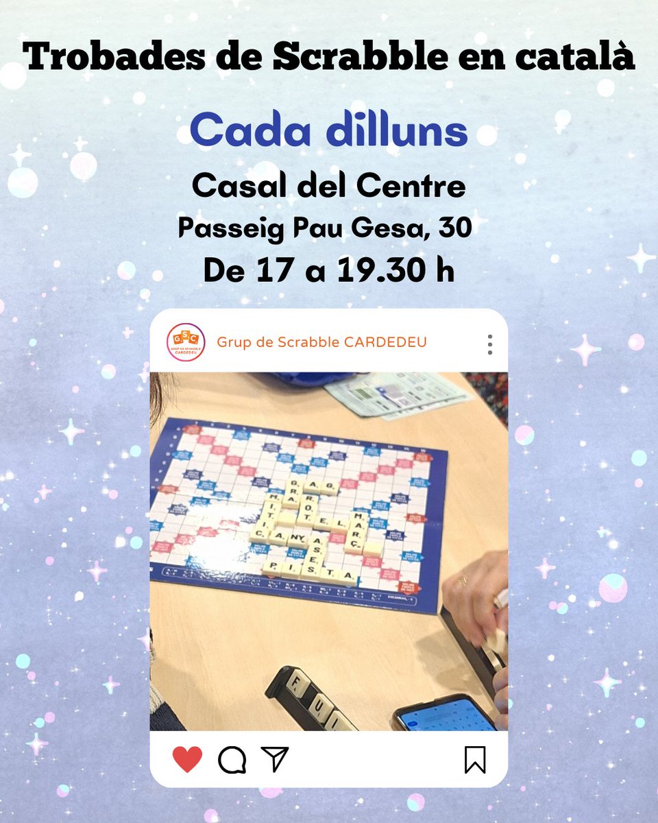 #Agenda Trobada de #scrabble en #català al #casal del centre de #Cardedeu, cada DILLUNS!
📍 Pg. Pau Gesa, 30
⏰️ 17 a 19.30 h
Activitat de franc i oberta a tothom. Passa una estona en companyia, practicant català en un ambient relaxat. Si no coneixes el joc, te n'ensenyem!