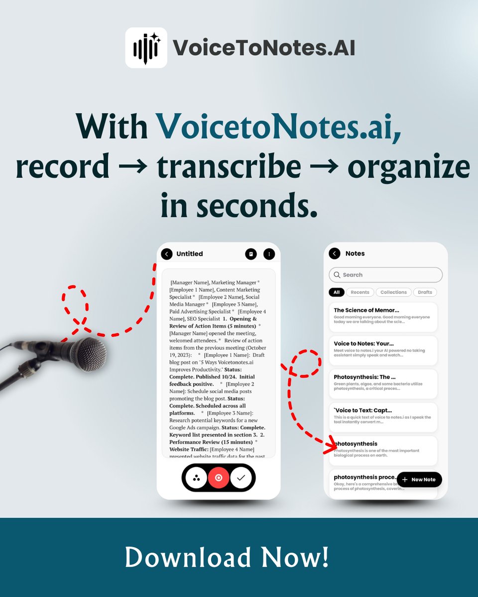 voicetonotes's tweet image. Stop replaying long meeting recordings!
With VoicetoNotes.ai, your voice turns into clear, structured notes instantly.
Perfect for pros, creators &amp;amp; leaders who value time
👉 Speak. It writes. You grow.

#VoicetoNotes #AIProductivity #NoteTakingApp
#hairston